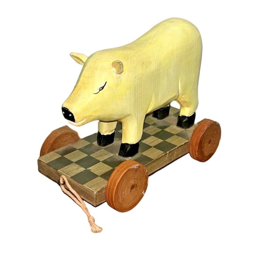 Cute Vtg Yellow Carved Wood Pig Pull String NOT A TOY Country Primitive Cottage
